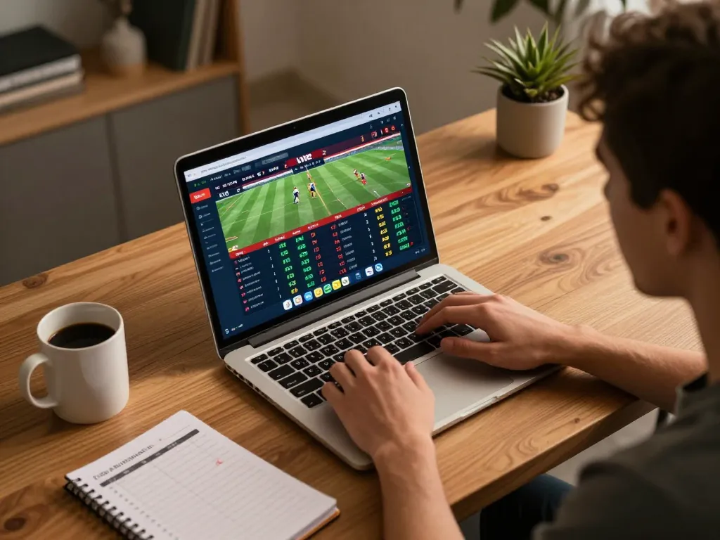 Kèo nhà cái interface displayed on a laptop while a user engages in sports betting, showcasing a modern and responsible gaming setup.