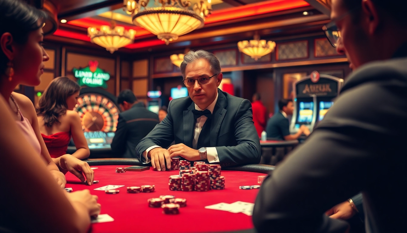 Pemain terlibat dalam idn poker di meja kasino yang mewah, menunjukkan kegembiraan dan strategi.