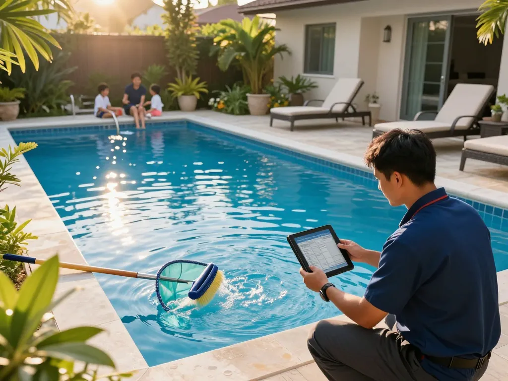 Dolphin Pool Services technician testing water quality at a bright residential pool, showcasing expert care.