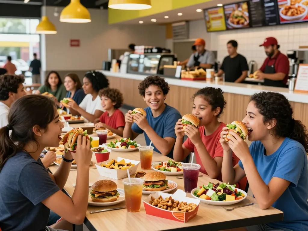Fast food menu variety displayed in a lively dining atmosphere with excited customers.