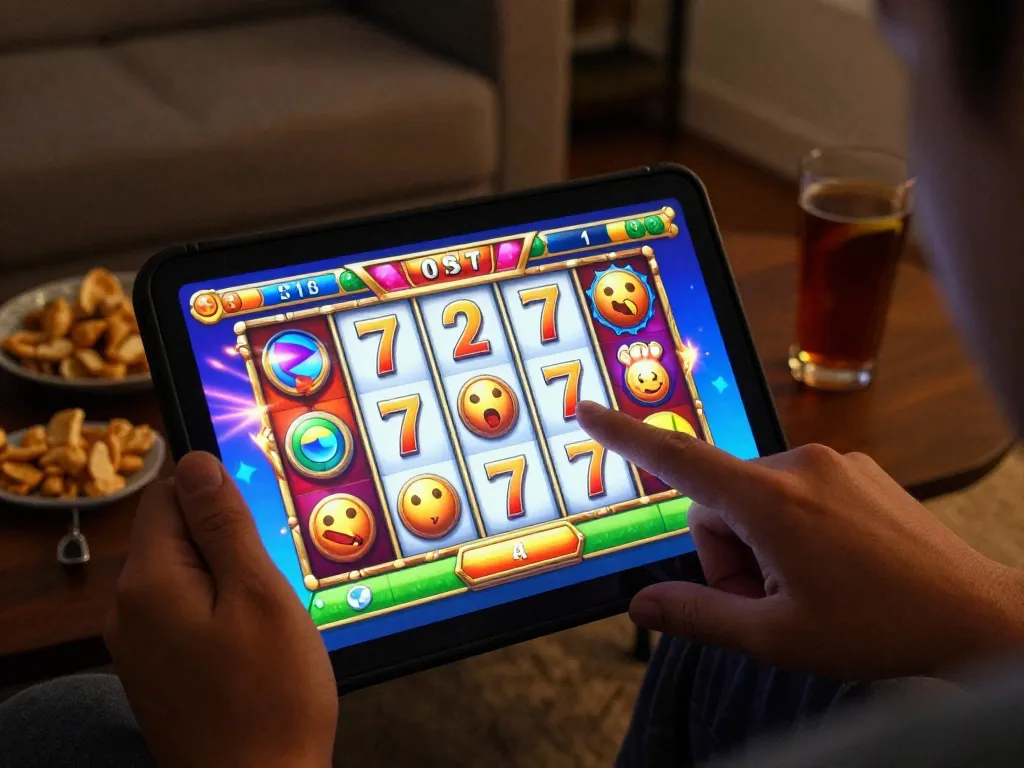 Engaging player spinning slot77 game reels on mobile device in cozy home setting