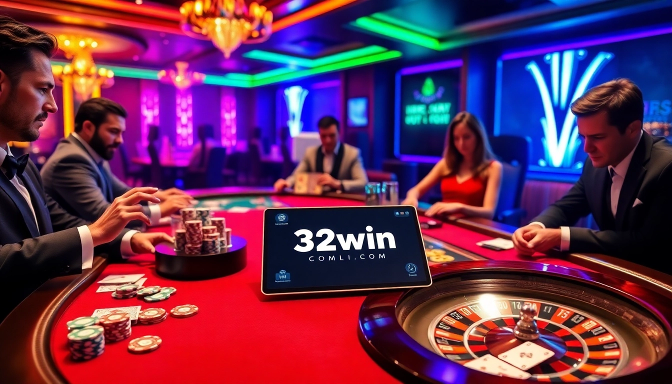 Players engage in high-stakes action at 32win.com casino table, showcasing excitement and strategy.