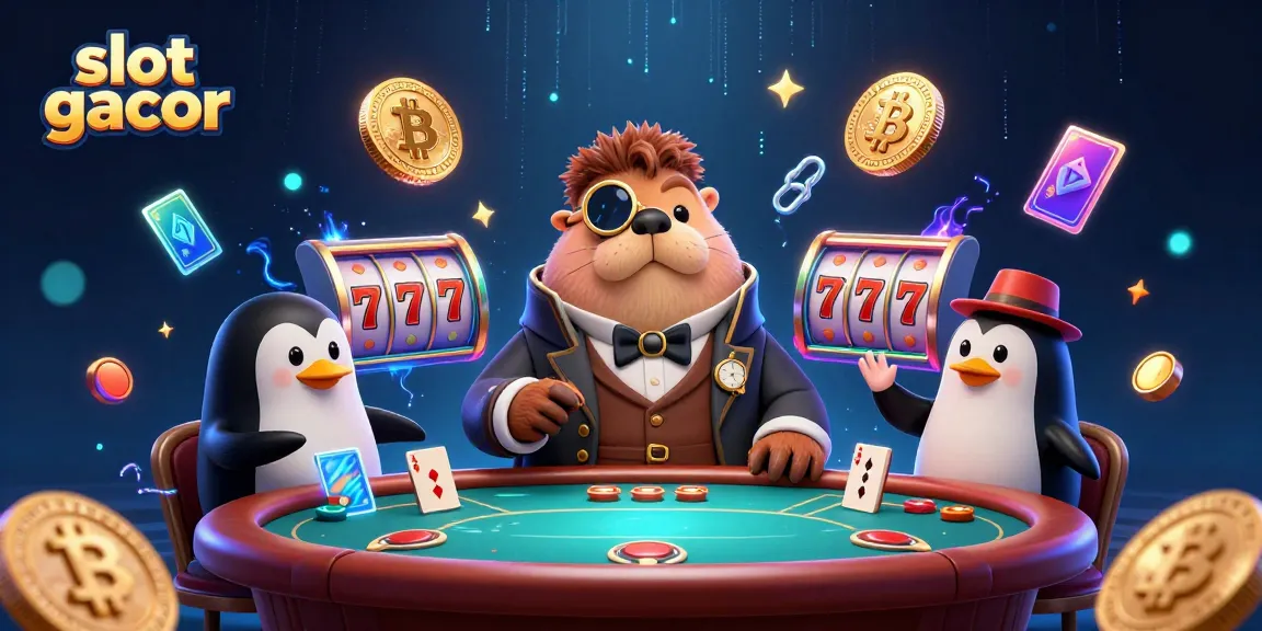 Gulung slot gacor dengan walrus bergaya Victoria dan dealer penguin di meja poker bawah laut.