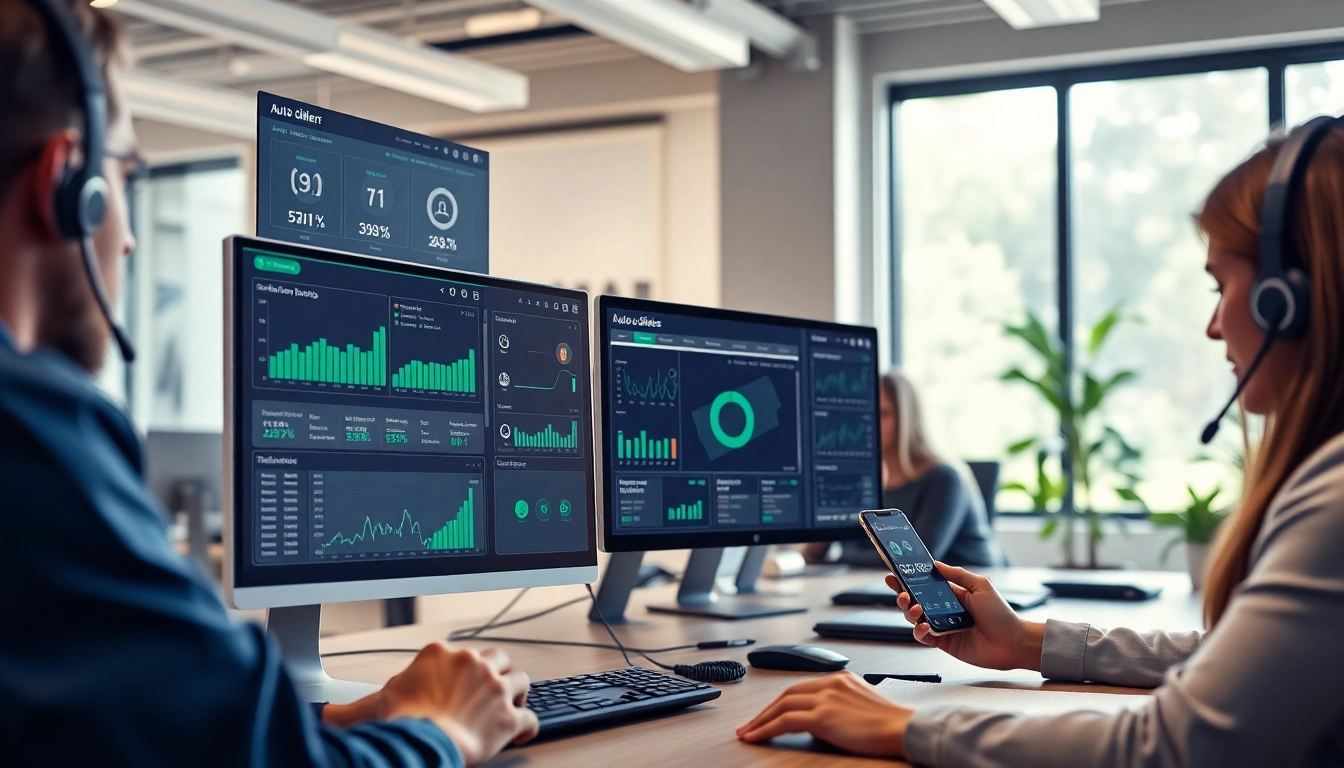 Optimize your outreach with an auto dialer software interface used by agents in a modern office.