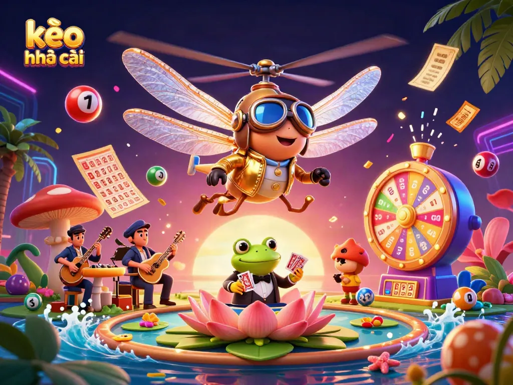 Engage with the thrilling kèo nhà cái experience featuring a dragonfly pilot and frog croupier in a vibrant casino scene.
