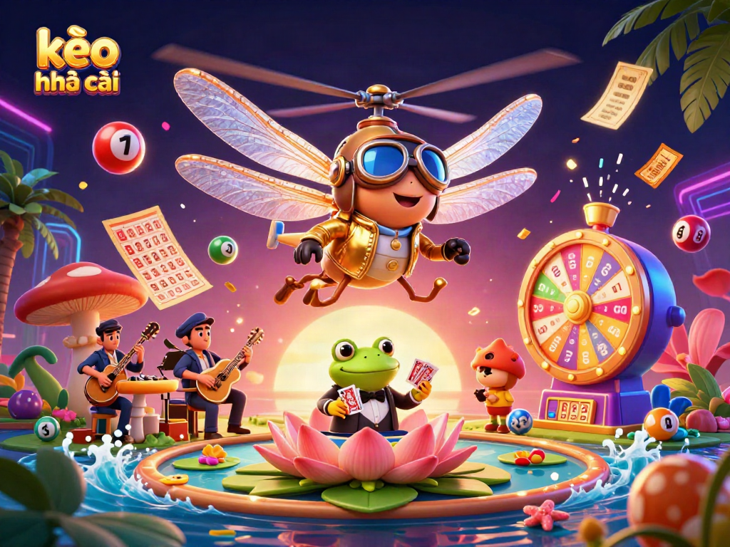Engage with the thrilling kèo nhà cái experience featuring a dragonfly pilot and frog croupier in a vibrant casino scene.