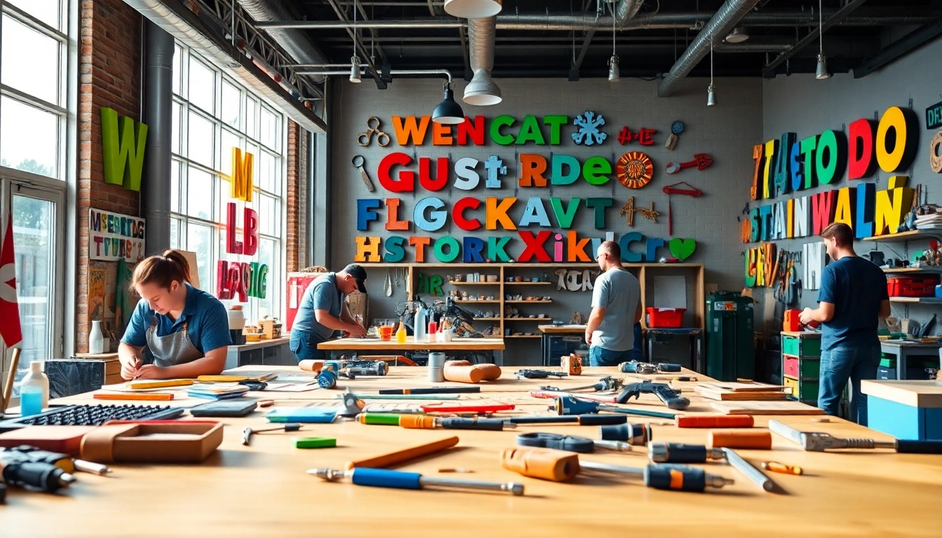 Artisans at work in a vibrant Edmonton sign company showcasing custom sign designs.