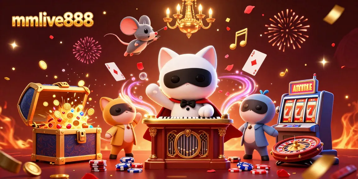 Engage with mmlive888's vibrant casino scene featuring a phantom cat and acrobatic mouse amid floating cards.