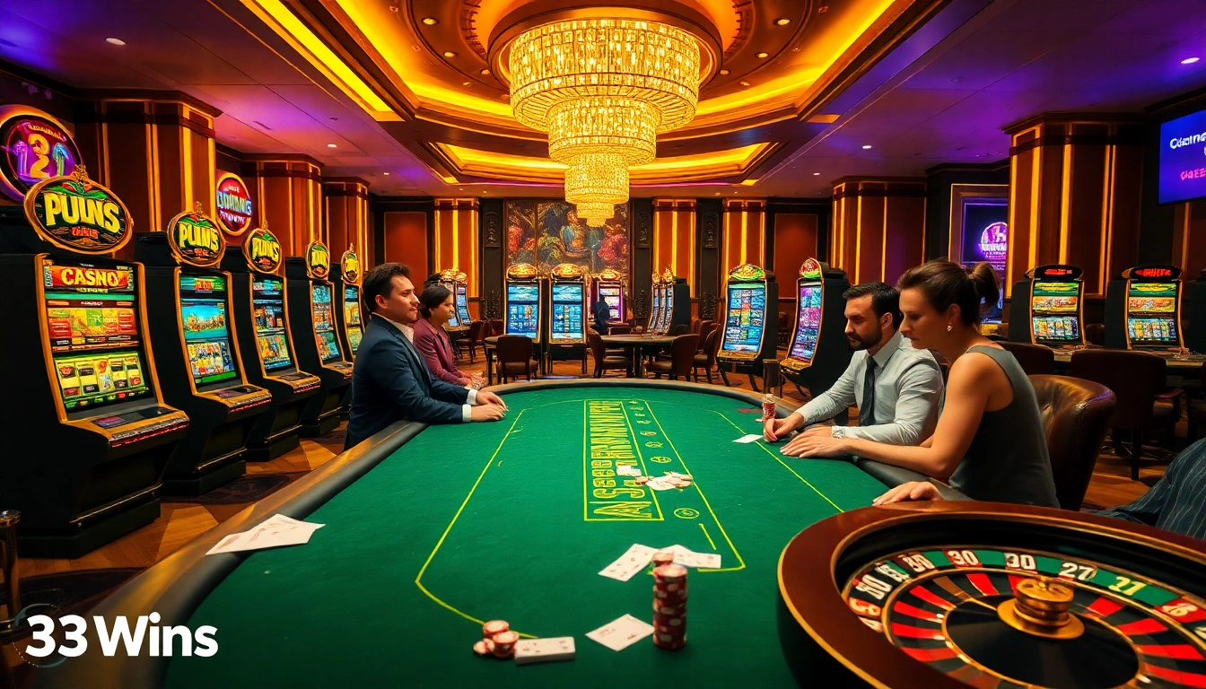 Experience thrilling gameplay at https://33wins.it.com with vibrant poker tables and slot machines shining gold.