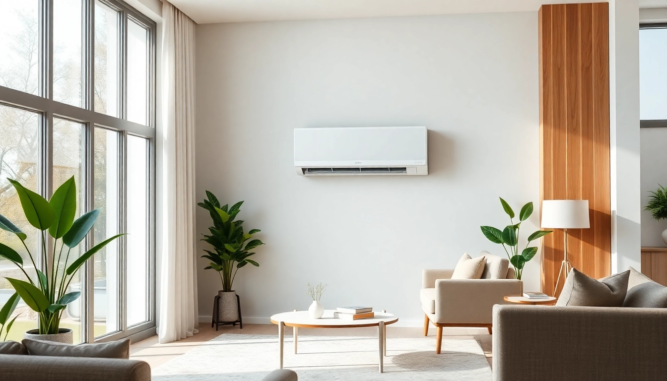 Enhance your space with a Mitsubishi mini split AC unit in a modern living room setup.