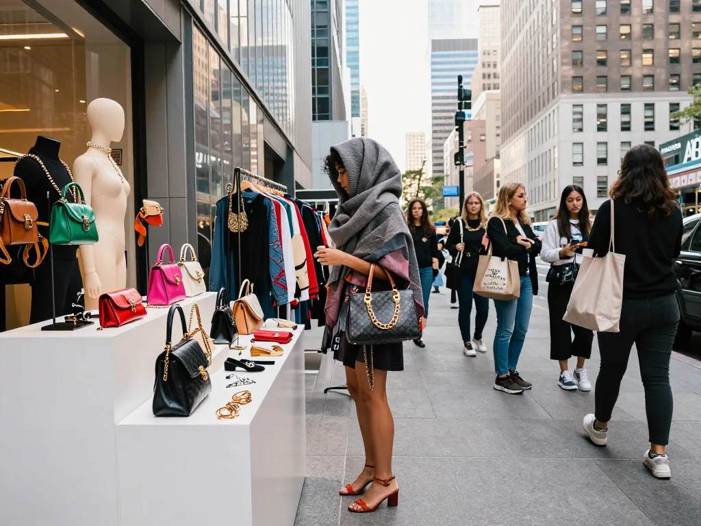 A fashionable individual exploring 레플리카 accessories in a vibrant urban pop-up shop, showcasing trendy style.