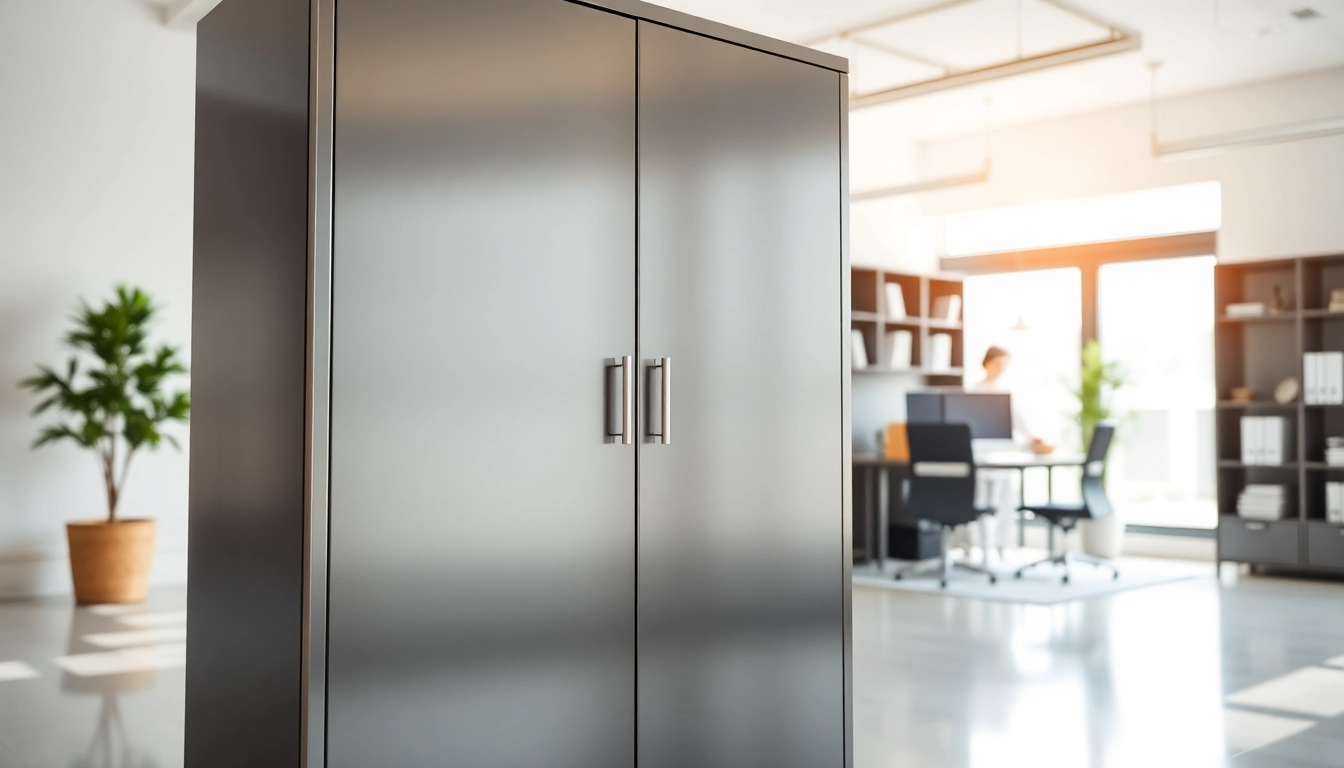 Stylish steel cabinet in a modern office enhancing organization and aesthetics.