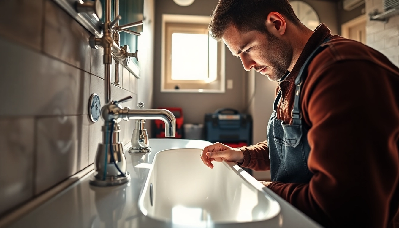 Experienced Bristol plumber fixing a sink with specialized tools in a modern bathroom.