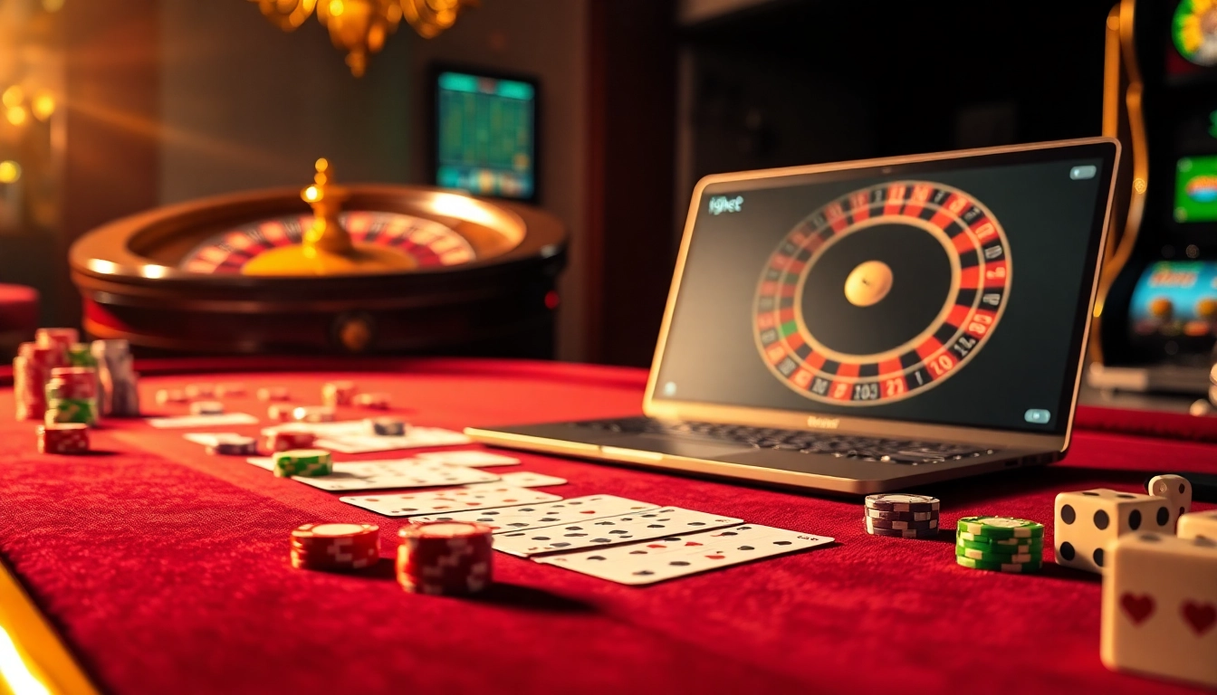 A vibrant casino scene featuring i9bet's exciting gaming experience with poker chips and roulette wheel.