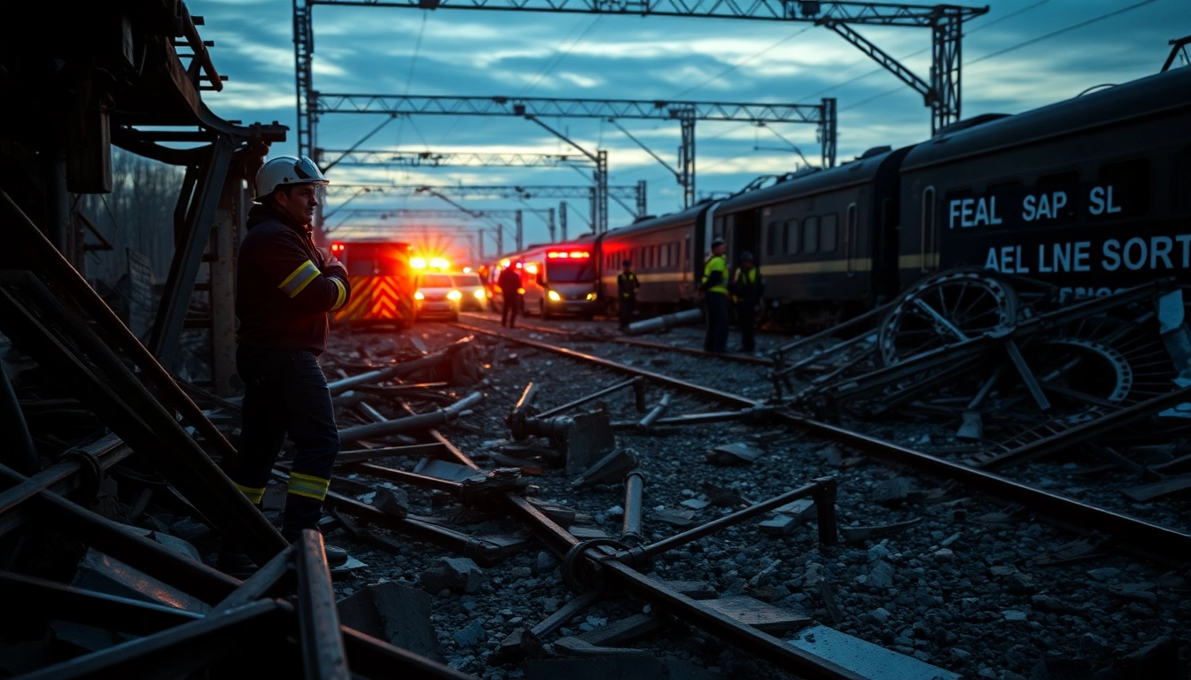 The aftermath of the Spain train crash showing rescuers aiding survivors amidst debris.