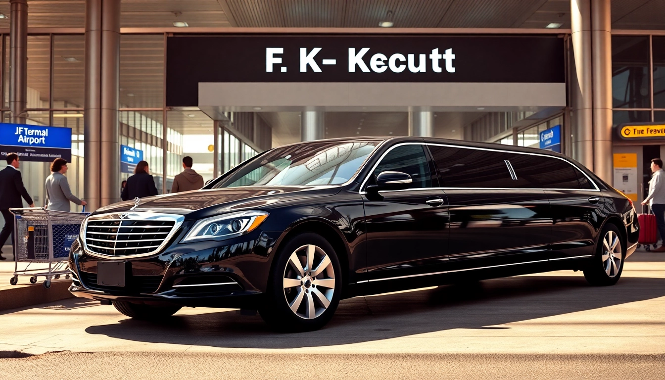 Experience refined JFK car service with a sleek black limousine at the airport terminal.