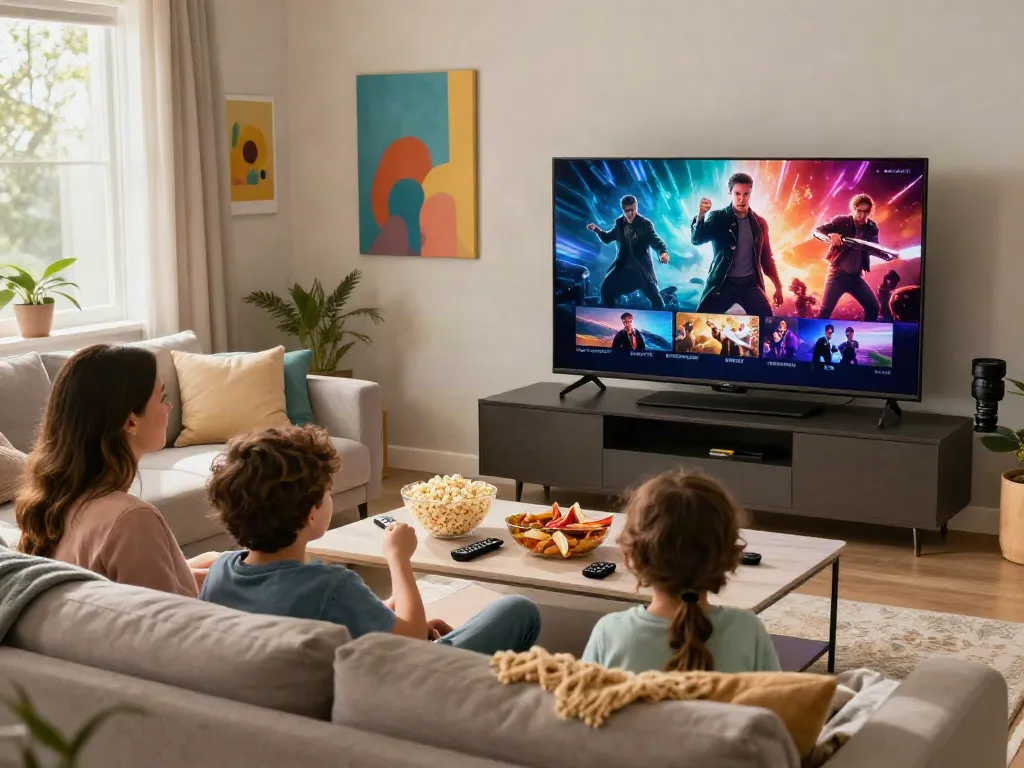 Family enjoying idlix TV streaming in a cozy living room