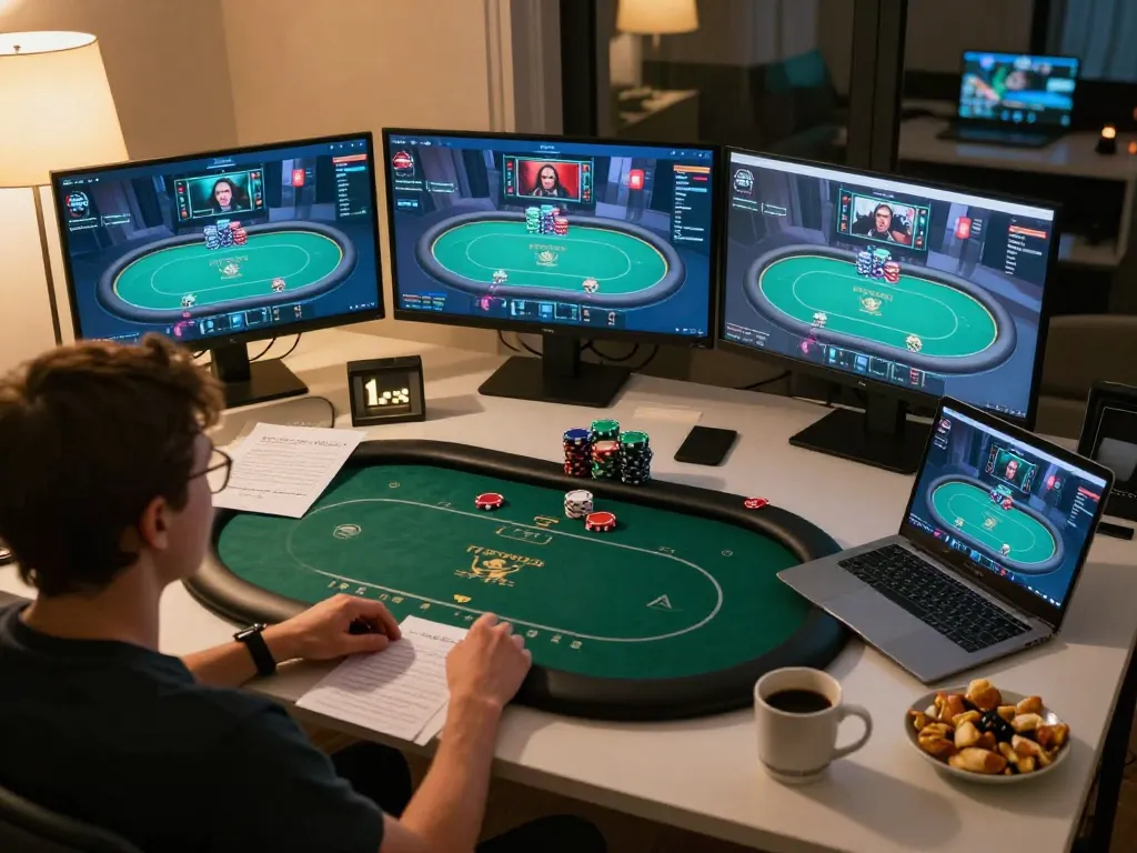 audplay168 player engaging in a competitive online poker game from home, showcasing strategy notes and game interface.