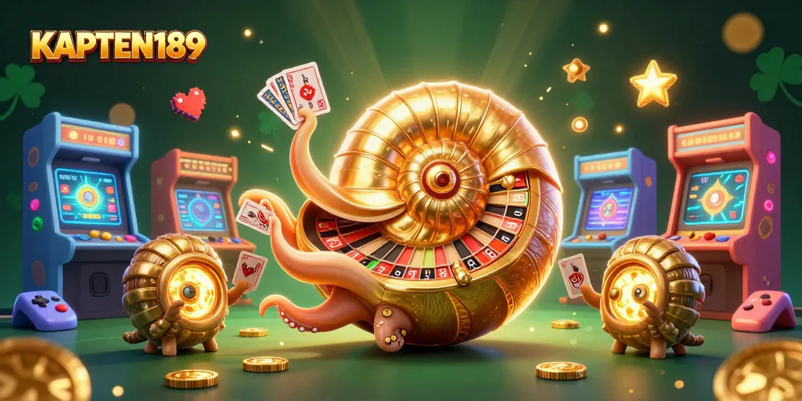 KAPTEN189 memutar roda roulette dengan nautilus raksasa, dikelilingi mesin arcade dan koin emas.