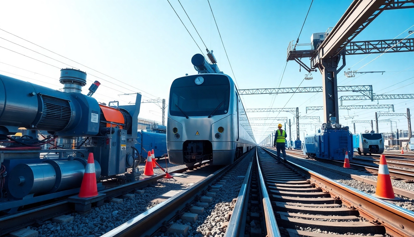 Engineers collaborating on a universal rail project amidst advanced railway construction equipment.
