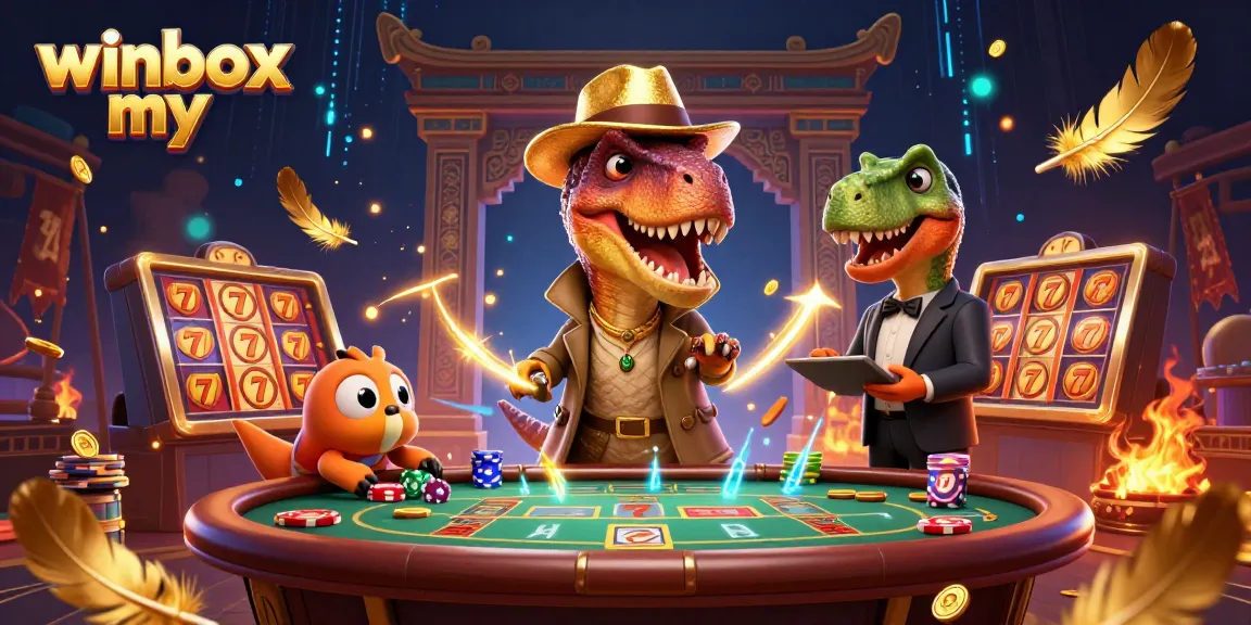 Engage in thrilling gameplay at winbox my with a vibrant illustration of a dinosaur-themed casino scene.