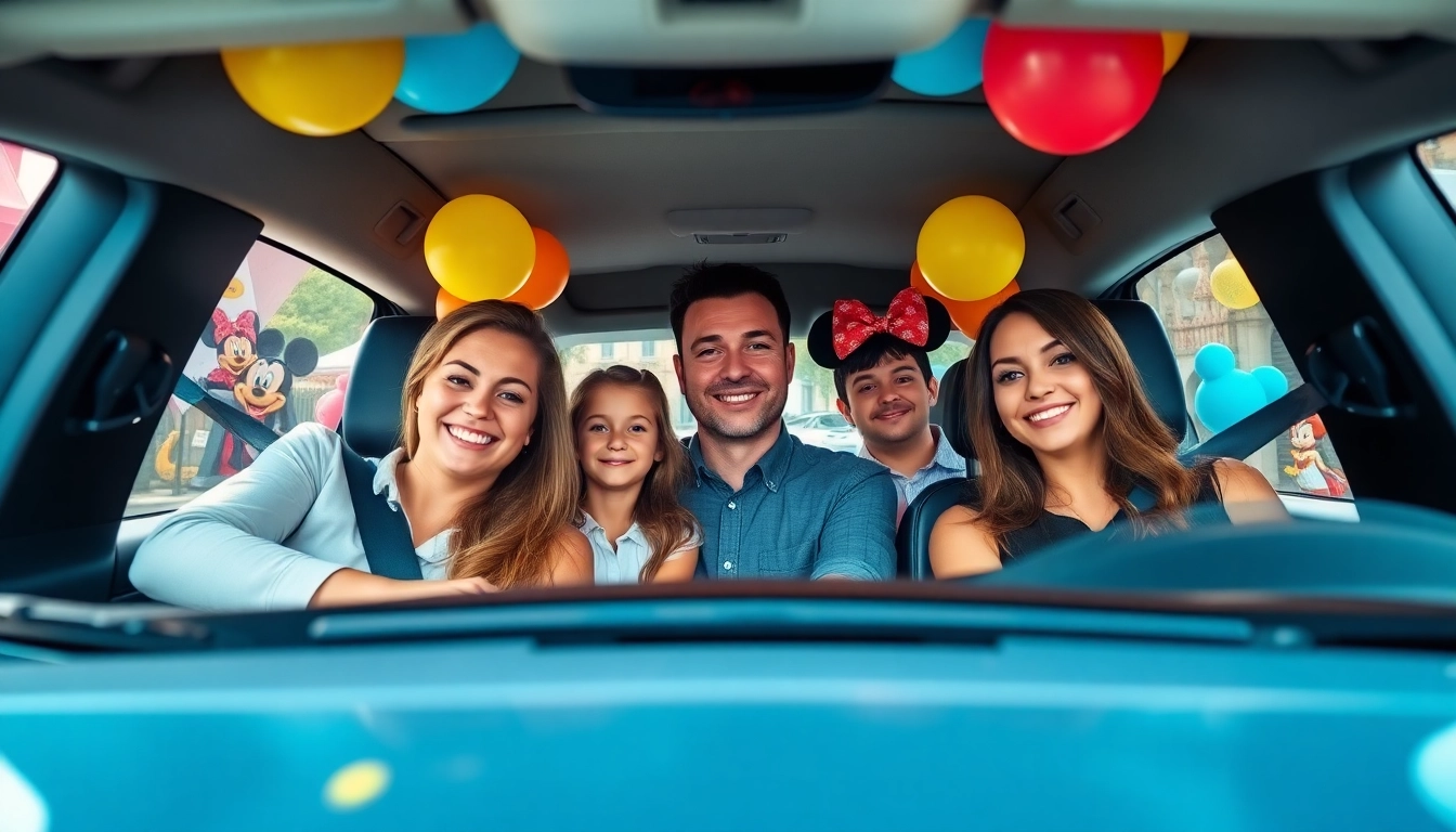 Experience Disneyland Paris airport transfer services with a joyful family in a luxurious vehicle.
