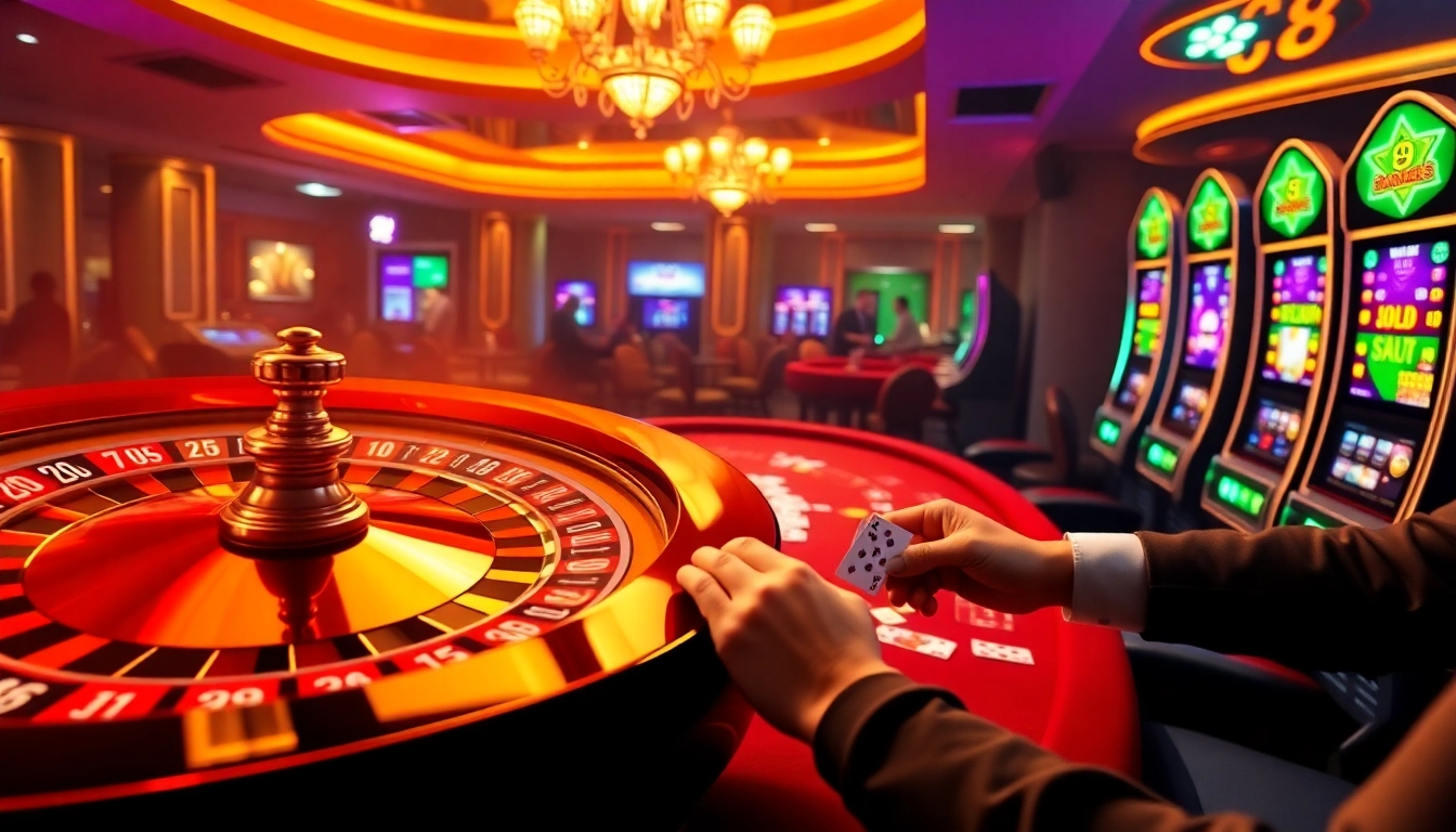 Dynamic gaming scene featuring Luck8's exciting online gambling experience with poker, slots, and roulette.