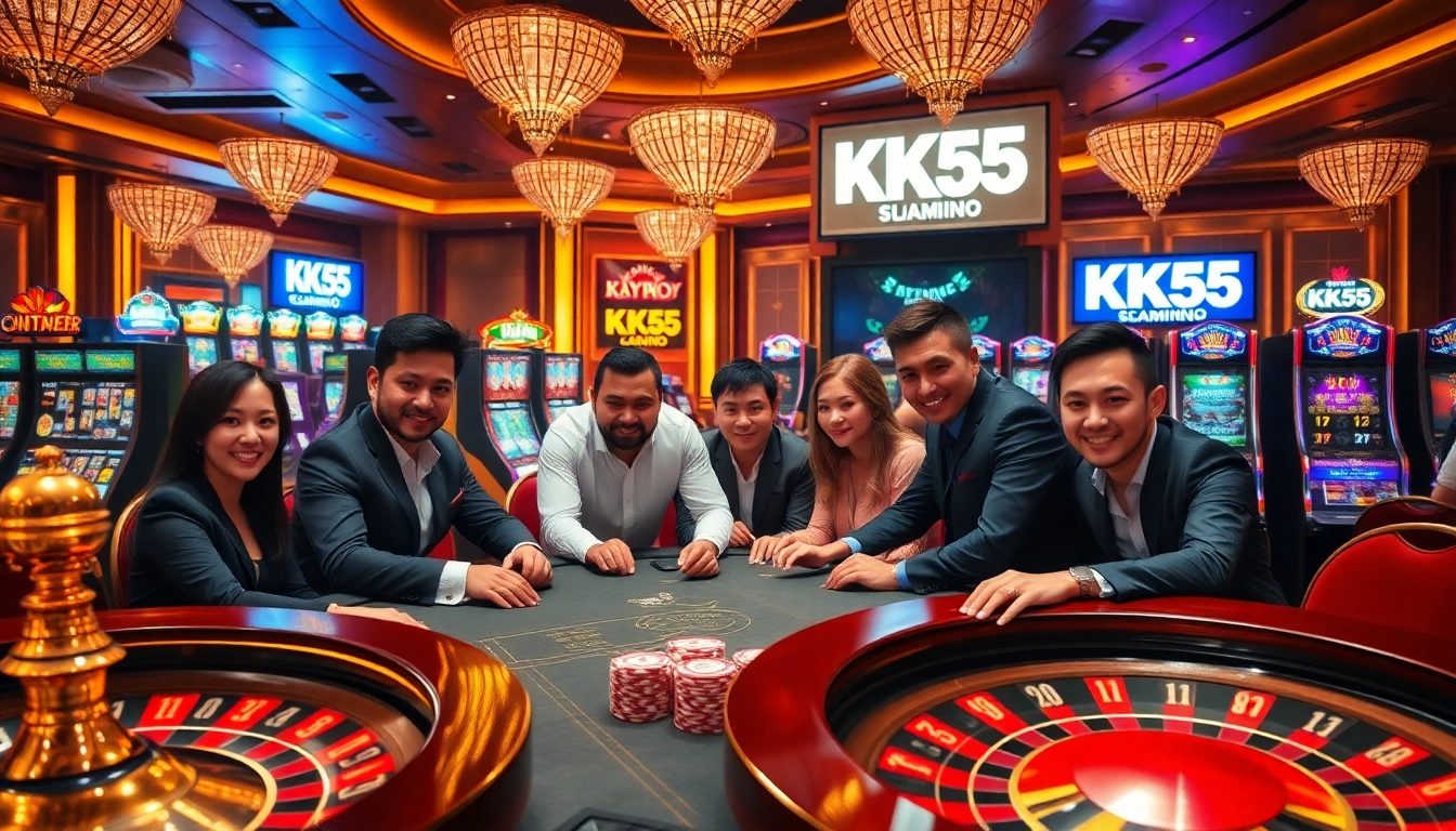Players enjoying a high-stakes game at a luxury casino featuring KK55 promotional elements.