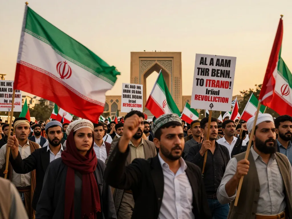 Dynamic scene from the Iranian revolution showcasing passionate protesters with banners against the Tehran skyline.
