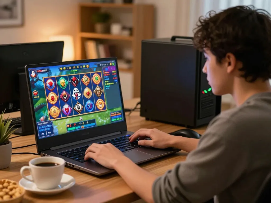 Player enjoying a thrilling session on Jepang slot game at home, showcasing the excitement of online gaming