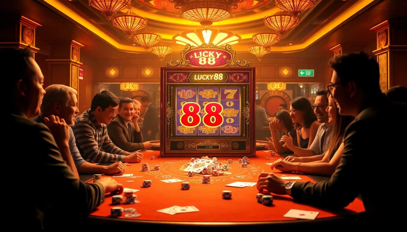 Players enjoying the LUCKY88 slot machine in a luxurious casino setting filled with excitement.