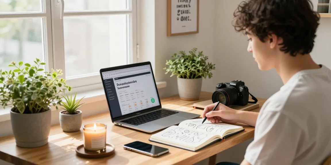 Ein junger Influencer plant in seinem gemütlichen Home Office, wie man strategisch günstige Instagram Likes kauft.
