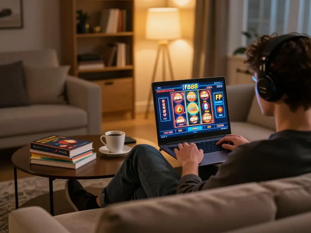 Engaging online gaming session with fb88 on laptop, showcasing strategic gameplay in a cozy environment