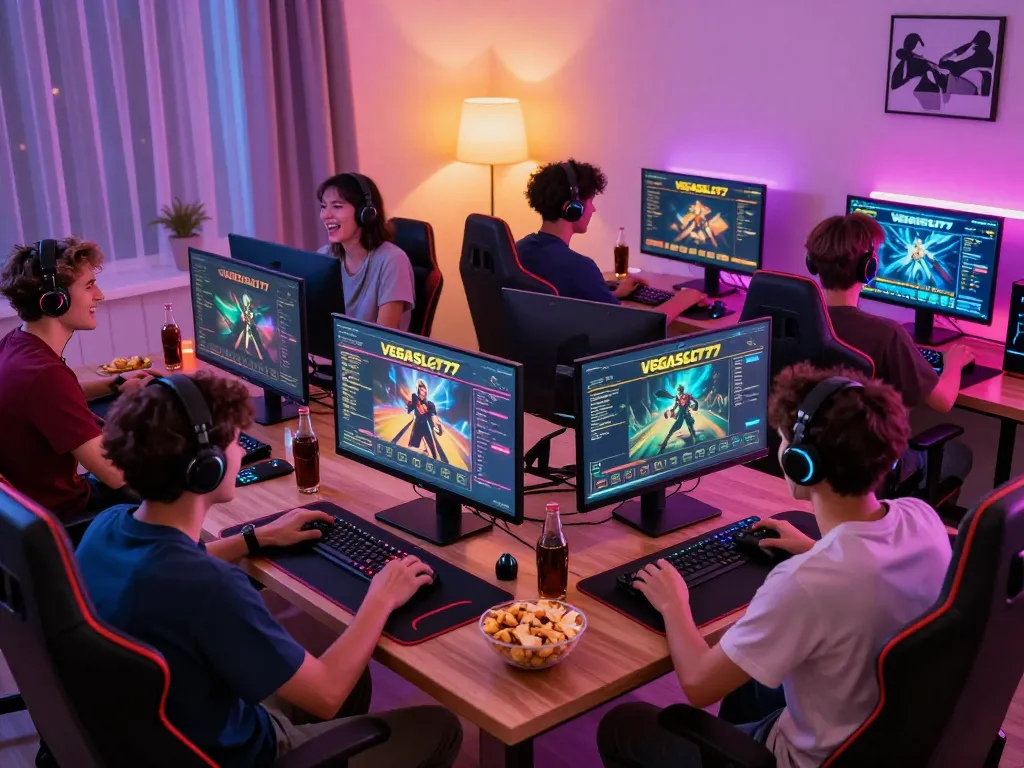 Players enjoying online games on VEGASSLOT77 with vibrant lighting and modern setups.