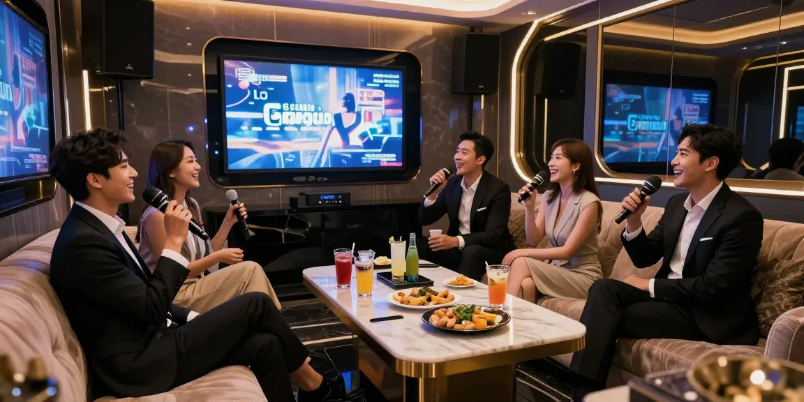 강남쩜오에서 고급스러운 프라이빗 노래방을 즐기는 모습, 세련된 인테리어와 고음질 음향 장비가 어우러진 공간