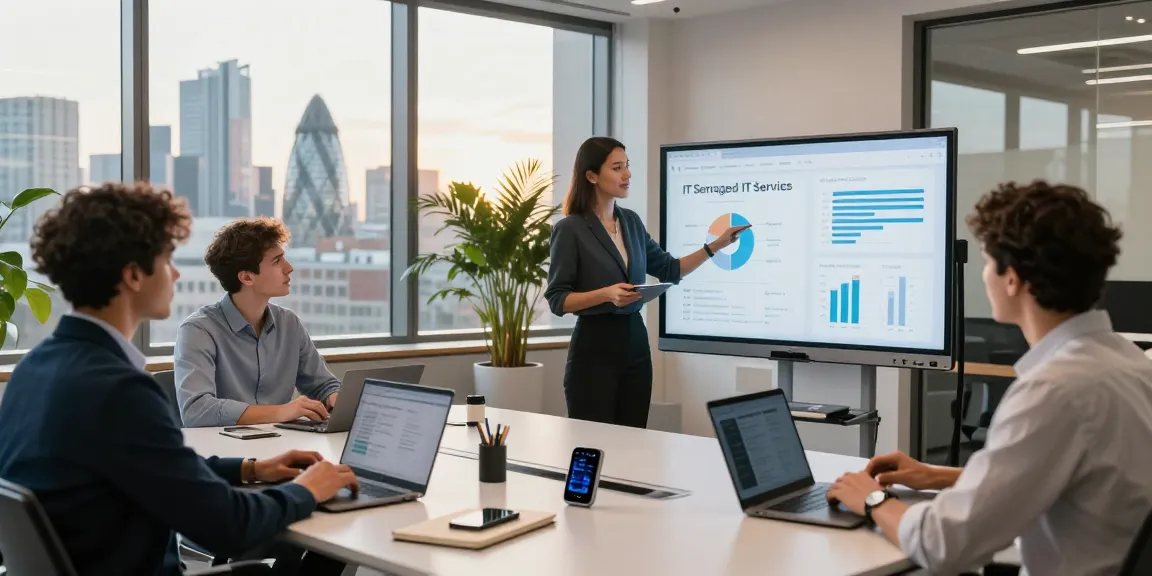 Collaboration in a modern office to discuss managed IT services London, showcasing diverse IT professionals engaged in teamwork.