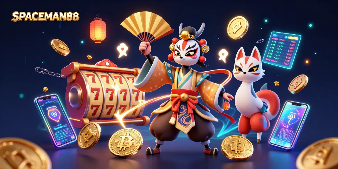Experience SPACEMAN88’s vibrant slot games with a 3D kabuki warrior and crypto elements.