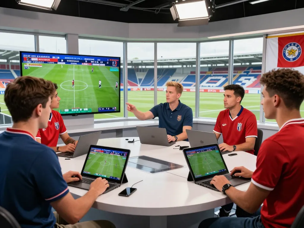 Cakhiatv sports analysts discussing live football matches in a modern studio with digital statistics.