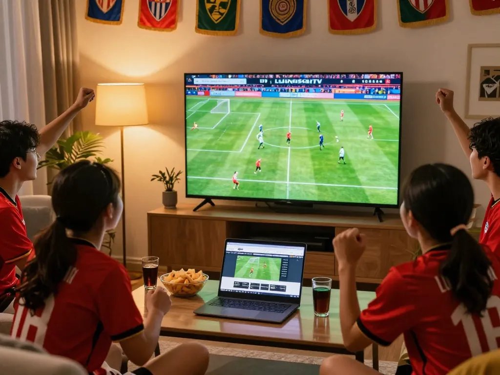 Fans enjoying a thrilling LuongSonTV football match at home with snacks and cheering