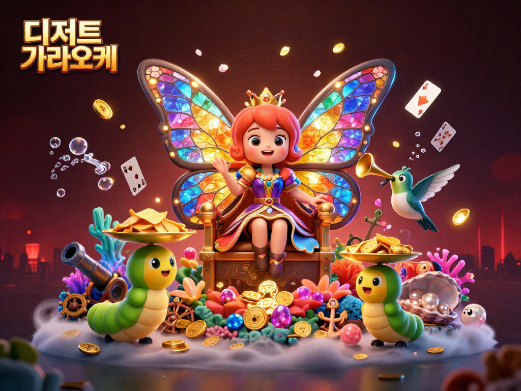 디저트 가라오케에서 화려한 캐릭터들이 경품으로 보이는 금화와 보석을 쏟아내며 즐기는 모습