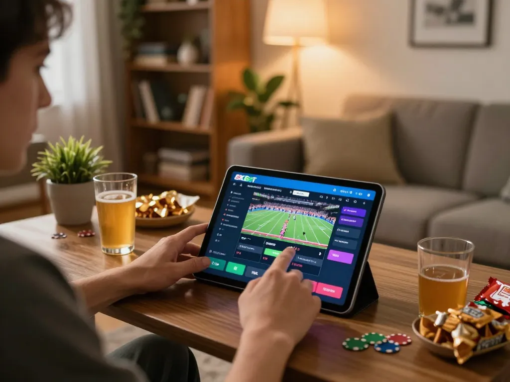 Engaging with the 8xbet app for sports betting in a cozy home setting with festive snacks.