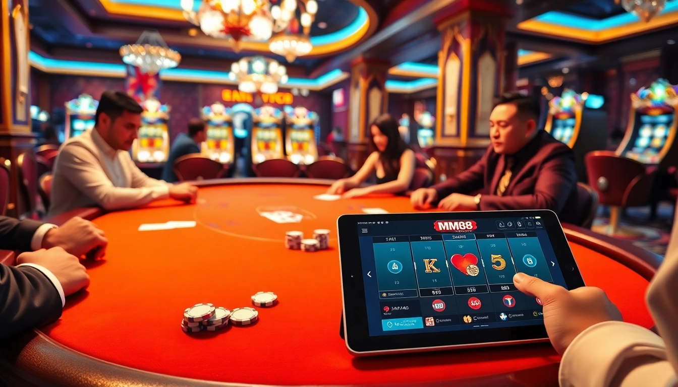 Experience the thrill of MM88 as players engage in an exciting poker game amidst a luxurious casino atmosphere.