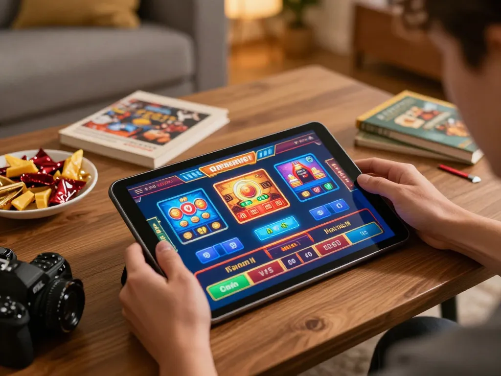 Engaging online gaming session featuring Okwintv on a tablet in a cozy home environment