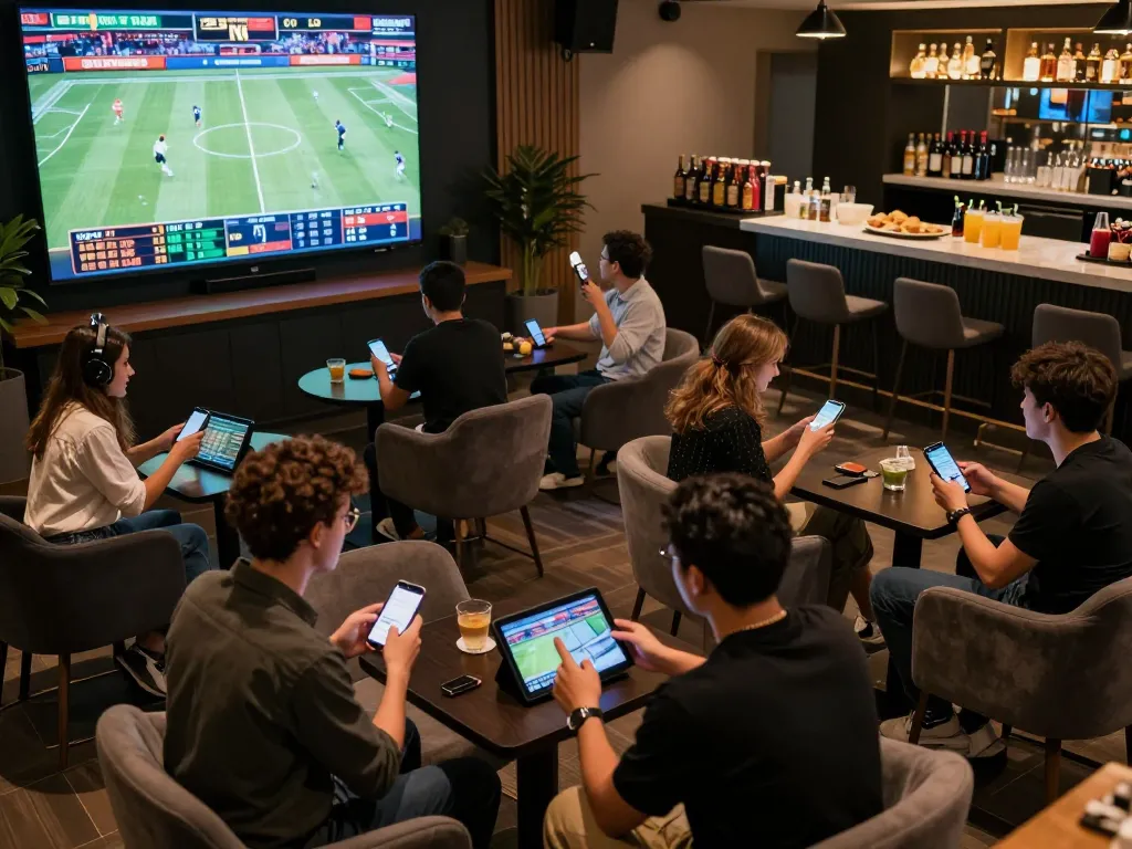 Engaged bettors using RED88 to place strategic sports bets in a lively lounge atmosphere.
