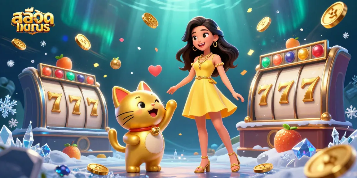 Experience สล็อตทดลอง with a vibrant 3D illustration featuring slots, joy, and golden accents.