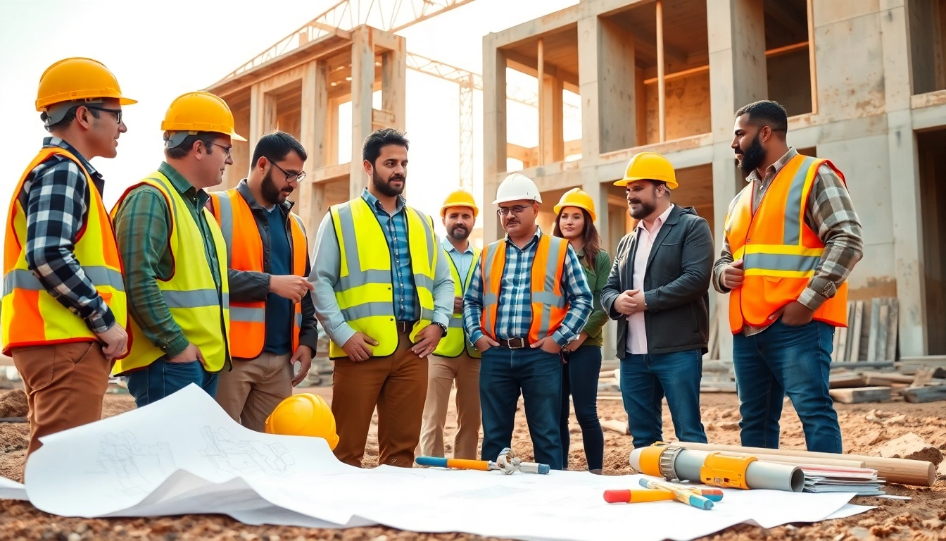 Engaged professionals in construction advocacy collaborating at a building site.