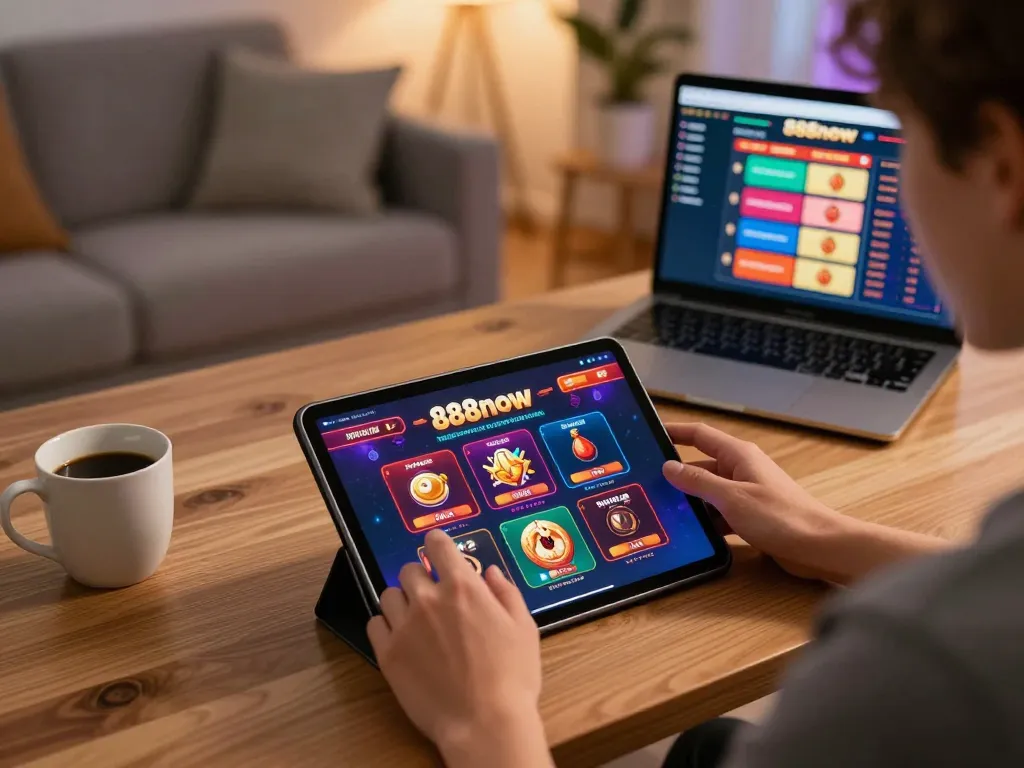 Engaging player immersed in action on 888now com online casino gaming interface.