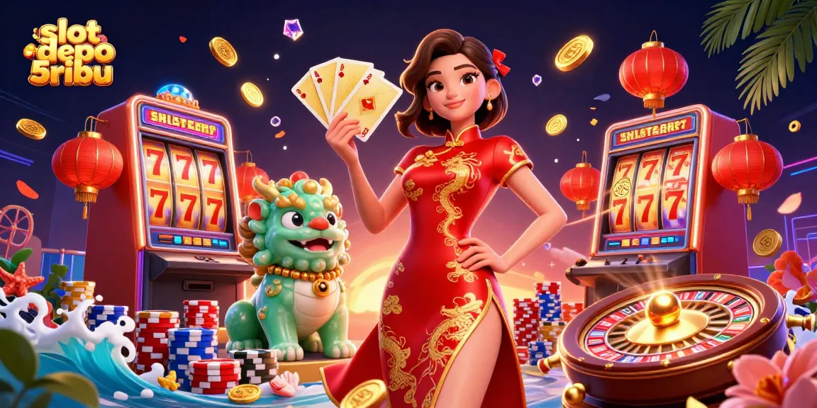 Experience excitement with slot depo 5ribu in a vibrant casino scene featuring golden coins and lucky symbols.