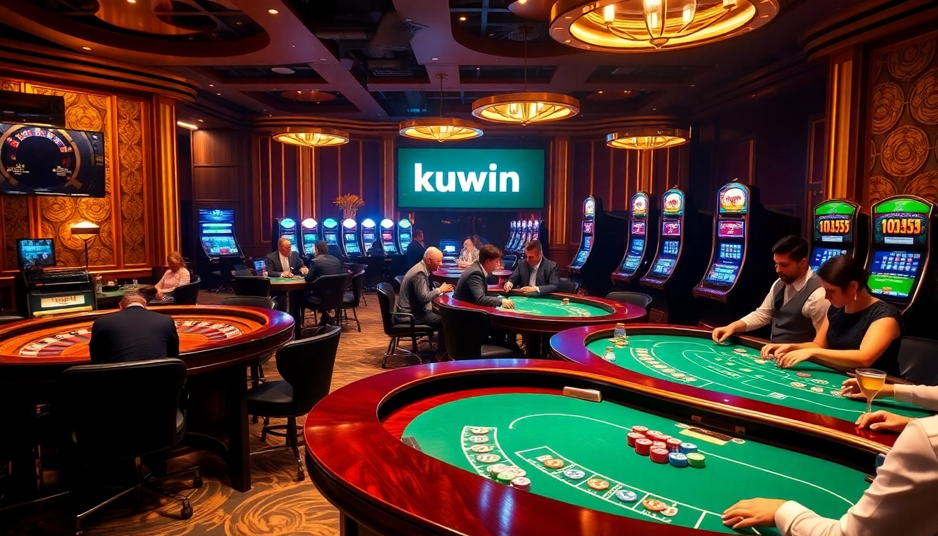Kuwin players engaging in thrilling casino games with glamorous atmosphere and vibrant energy.