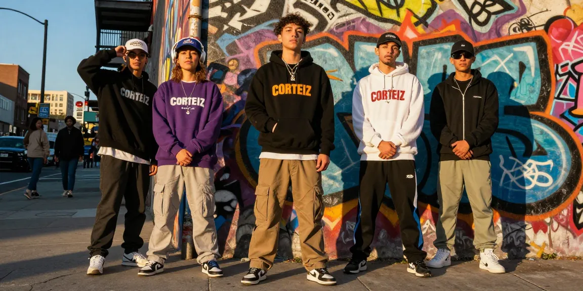 Corteiz streetwear outfits presented by stylish individuals in an urban environment with vibrant graffiti.